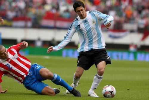 Ángel Di María el día de su debut frente a Paraguay por las Eliminatorias a Sudáfrica 2010.